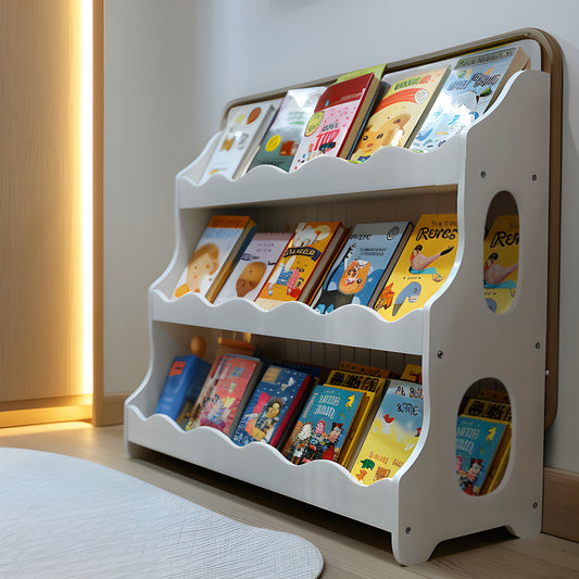 Kids Book Shelf Wooden Montessori Bookshelf Dutch Design 3Tier Scalloped L31¼" & W9¾" & H33½"